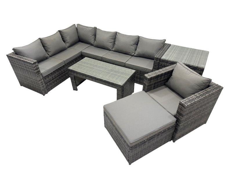 Fimous 6 Pieces Outdoor PE Rattan Garden Furniture Corner Sofa Oblong Coffee Table Set with Cushions Big Footstool Side Table Dark Grey Mixed
