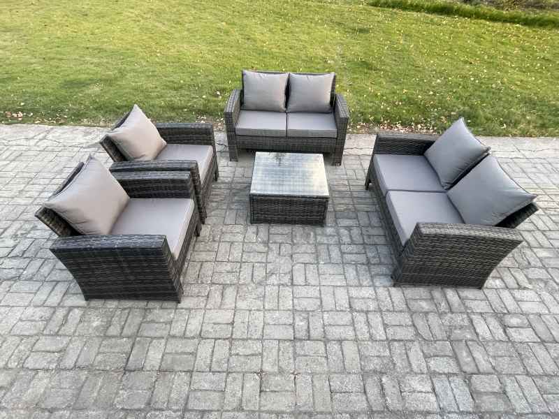 Fimous Rattan Garden Furniture Set 6 Seater Patio Outdoor Lounge Sofa Set with Square Coffee Table Double Seat Sofa Dark Grey Mixed