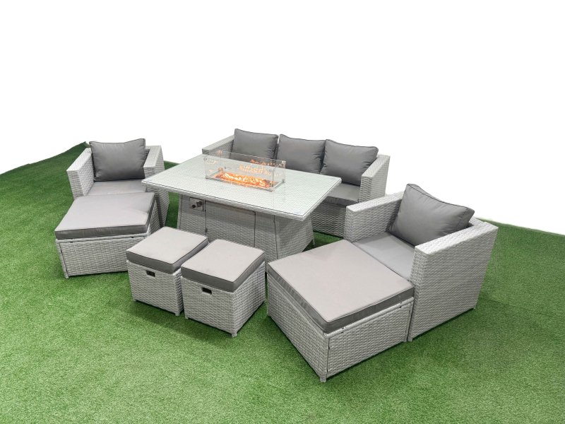 Fimous 9 Seat PE Rattan Lounge Sofa Set Outdoor Garden Furniture Set with Firepit Dining Table 3 Seater Sofa 4 Footstools Light Grey