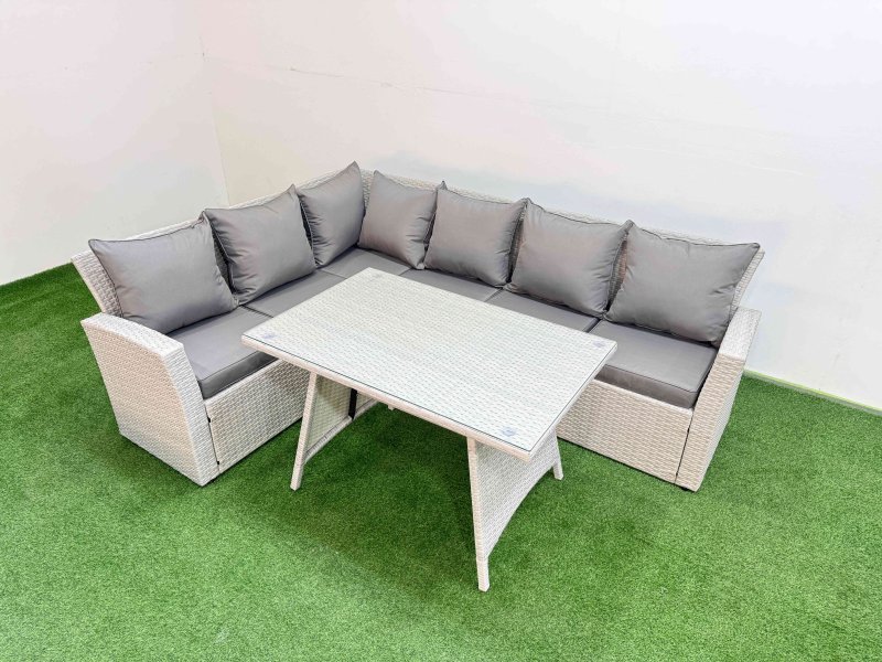 Fimous Garden Outdoor Rattan Furniture Set Rattan Corner Sofa Oblong Dining Table Set Light Grey Mixed 6 Seater