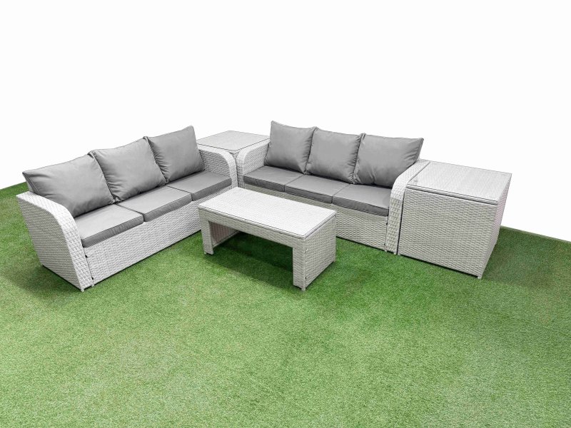 Fimous Outdoor Garden Furniture Sets 6 Seater Wicker Rattan Furniture Sofa Sets with Oblong Coffee Table high Back Lounge Sofa 2 Side Table Light Grey