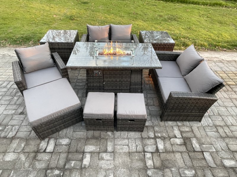 Fimous 8 Seater Rattan Outdoor Garden Furniture Gas Fire Pit Table Sets Gas Heater with Love Sofa Armchair 3 Footstools 2 Side Tables Dark Mixed Grey