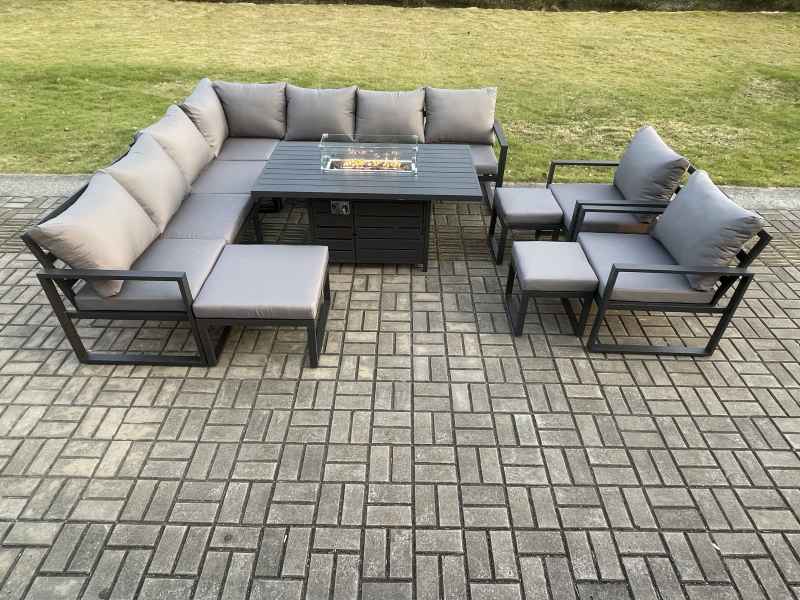 Fimous Aluminium Lounge Corner Sofa Outdoor Garden Furniture Sets Gas Fire Pit Dining Table Set with 2 Chairs 3 Footstools Dark Grey