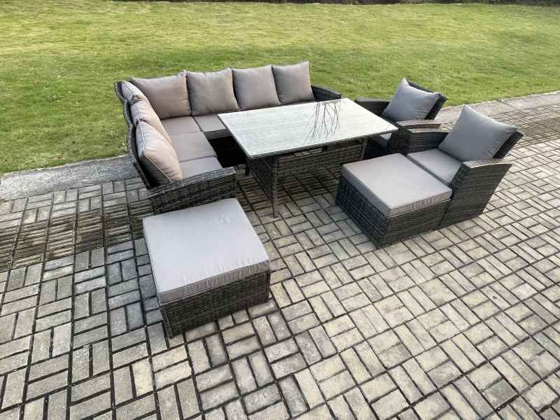 Fimous 10 Seater High Back Rattan Garden Furniture Set Corner Sofa With Rectangular Dining Table 2 Arm Chairs 2 Big Footstool