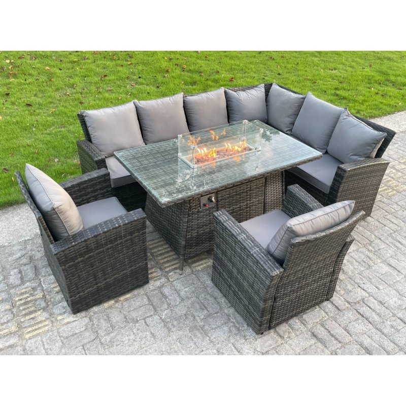 Fimous High Back Rattan Corne r Sofa Set Garden Furniture Sofa Gas Fire Pit Dining Table Gas Heater With 2 Arm Chair 8 Seater