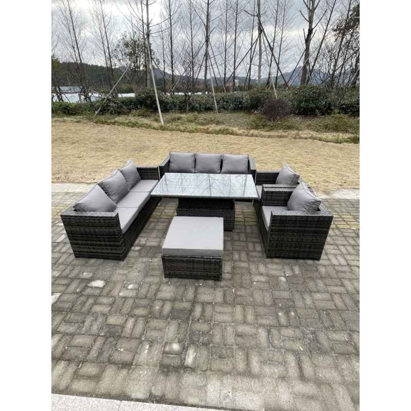 Fimous 9 Seater?Outdoor Rattan Garden Furniture Set Adjustable Rising Lifting Dining Table With Chairs Footstool Dark Grey Mixed
