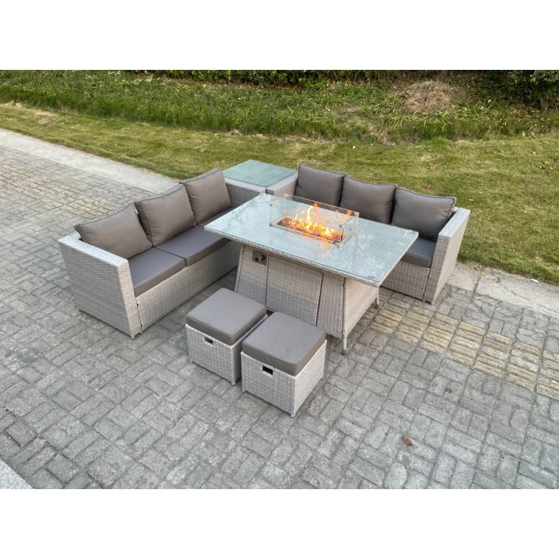 Fimous Light Grey Rattan FirePit Garden Furniture Set Gas Heater Burner Lounge Sofa Dining Table With Side Coffee Table 2 pc Stool