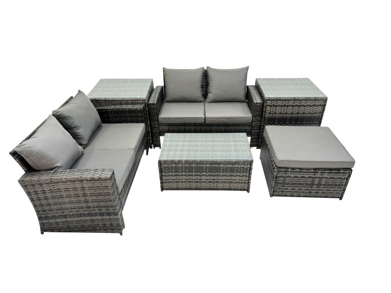 Fimous PE Rattan Garden Furniture Set Lounge Double Seat Sofa Coffee Table Set with 2 Side Tables Big Stool Dark Grey MixedMixed