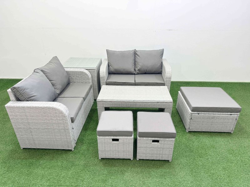 Fimous 7 Seater Outdoor Love Sofa Set Rattan Garden Furniture Set with Oblong Coffee Table 3 Footstool Side Table Light Grey