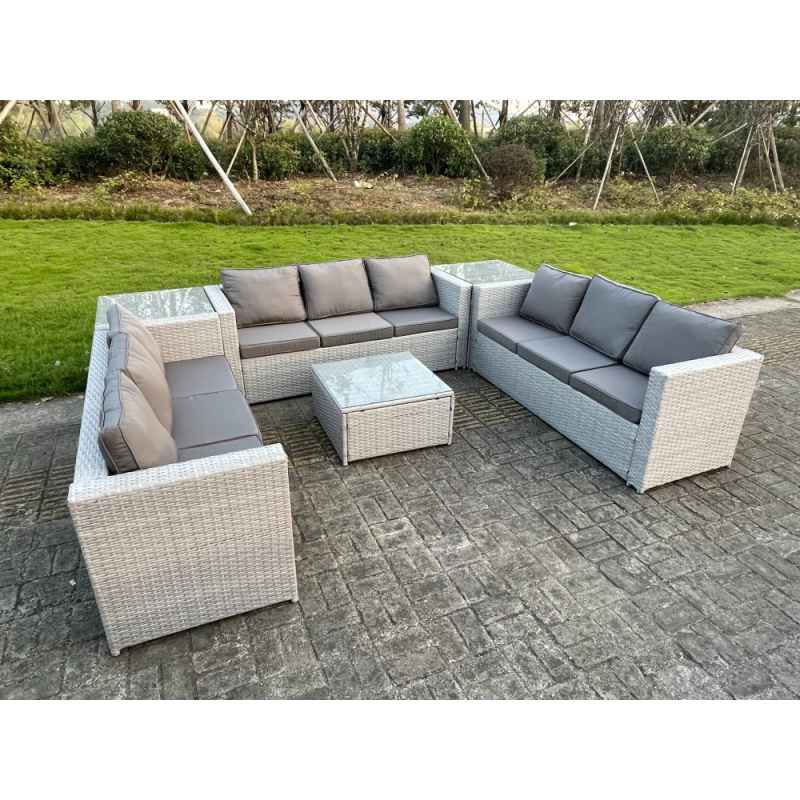 Fimous Light Grey Lounge Outdoor PE Rattan Garden Furniture Set Wicker Sofa Set Square Coffee Table 2 Side Table 9 Seat