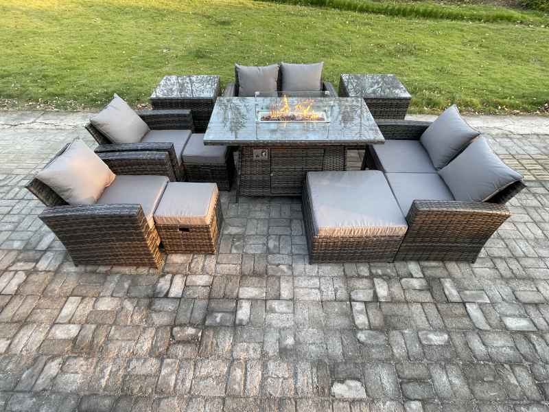 Fimous Outdoor Garden Furniture Sets 10 Pieces Wicker Rattan Furniture Gas Firepit Dining Table Sofa Set with 3 Footstools 2 Side Tables Dark Grey Mixed
