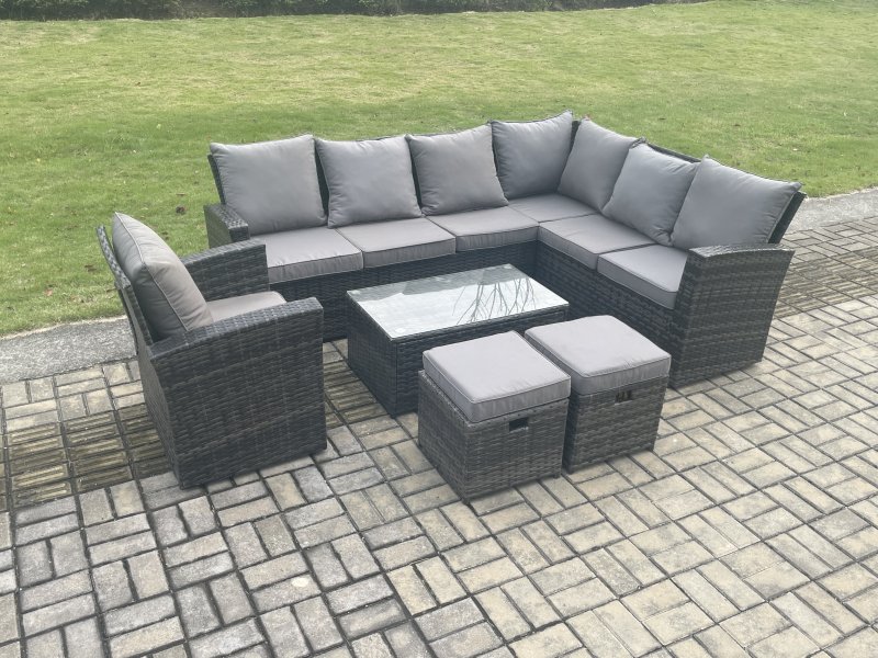 Fimous Wicker PE Outdoor Garden Furniture Set High Back Rattan Corner Sofa Set with Arm Chair Rectangular Coffee Table 2 Small Footstools