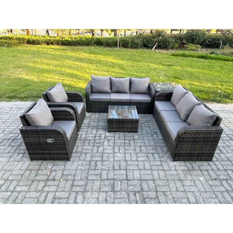 Fimous High Back Rattan Garden Furniture Set with Square Coffee Table Side Table Indoor Outdoor Patio Lounge Sofa Set Dark Grey Mixed
