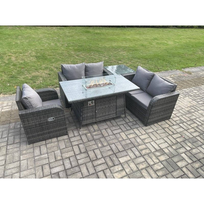 Fimous Rattan Garden Furniture Set with Gas Fire Pit Dining Table,Side Table Indoor Outdoor 5 piece Love Sofa set