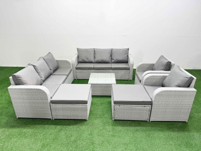 Fimous PE Rattan High Back Lounge Sofa Set Patio Square Coffee Table & Chairs Set with 3 Seater Sofa Reclining Chair 2 Big Footstool Light Grey
