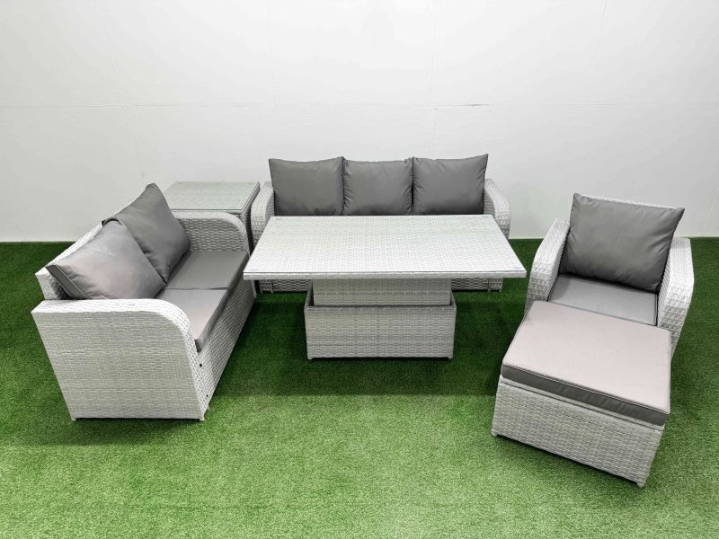 Fimous Patio PE Wicker 7 Seater Outdoor Rattan Furniture Sofa Sets with Adjustable Lifting Dining or Coffee Table Reclining Chair Loveseat Sofa 3 Seater Sofa Big Footstool Side Table Light Grey