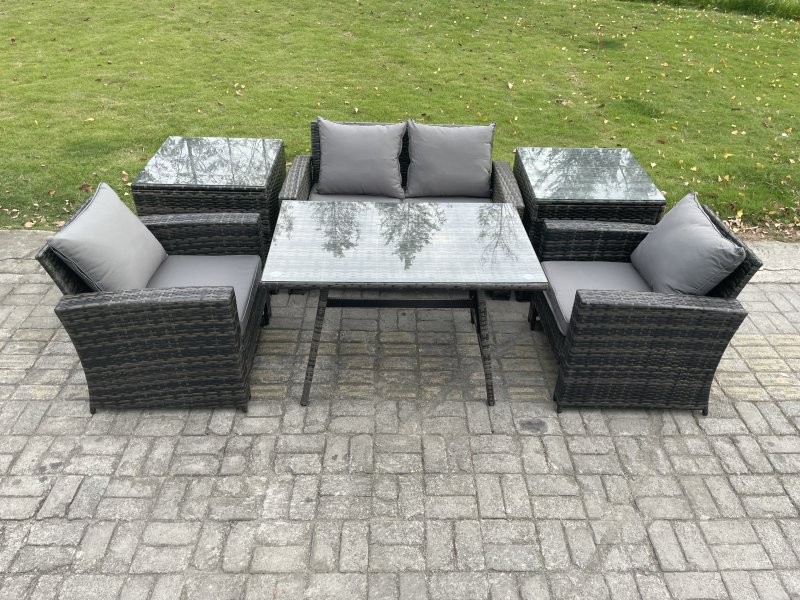 Fimous Outdoor Garden Furniture High Back Rattan Sofa Dining Table Set with 2 Side Tables Dark Grey Mixed