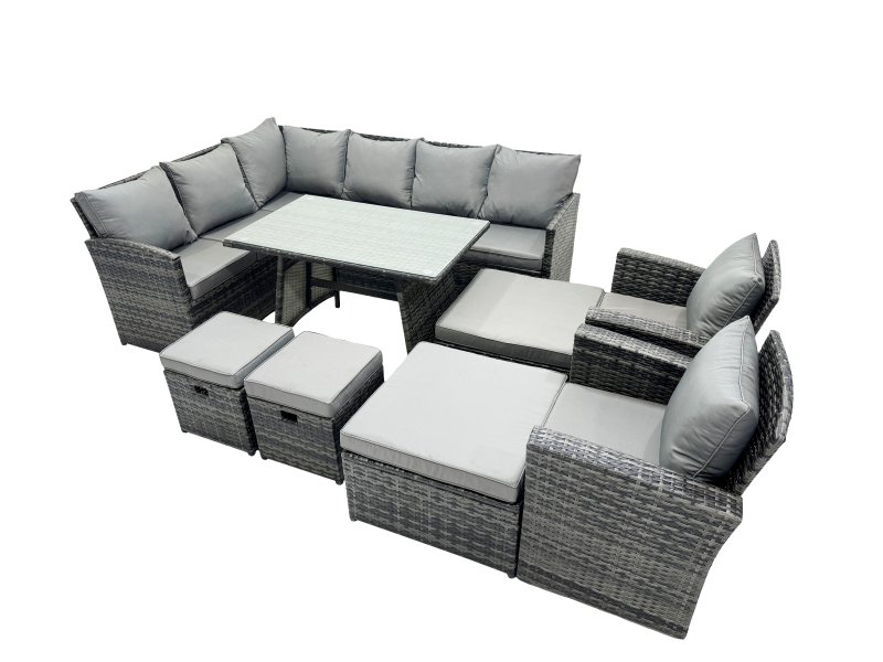 Fimous 12 Seat Poly Rattan Outdoor Patio Oblong Dining Table Corner Sofa Set with 4 Stool 2 Chairs for Garden Backyard Dark Grey Mixed