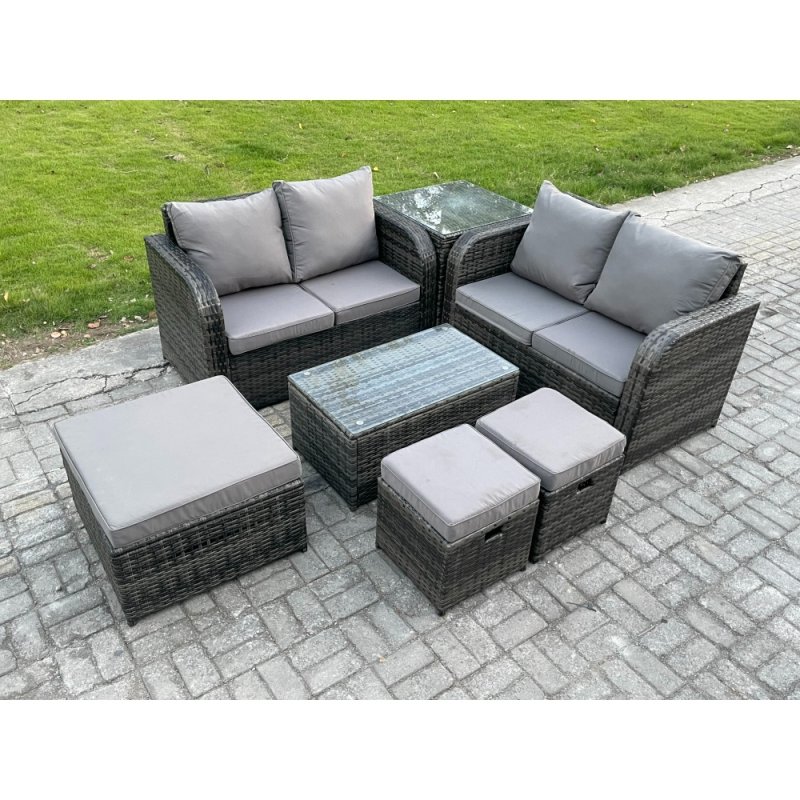 Fimous 7 Seater Garden Furniture Set Rattan Outdoor Lounge Sofa Chair With Tempered Glass Table 3 Footstools Side Table Dark Grey Mixed