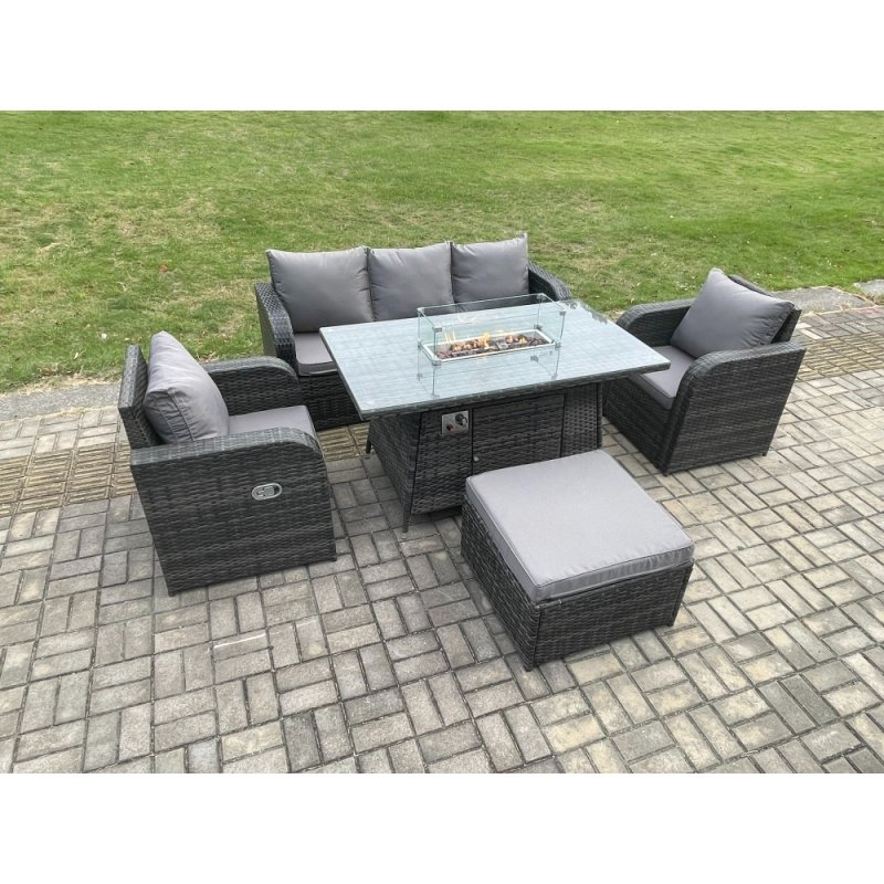Fimous Patio Outdoor Rattan Garden Furniture Set Propane Gas Fire Pit Table Burner with Lounge Sofa Footstool