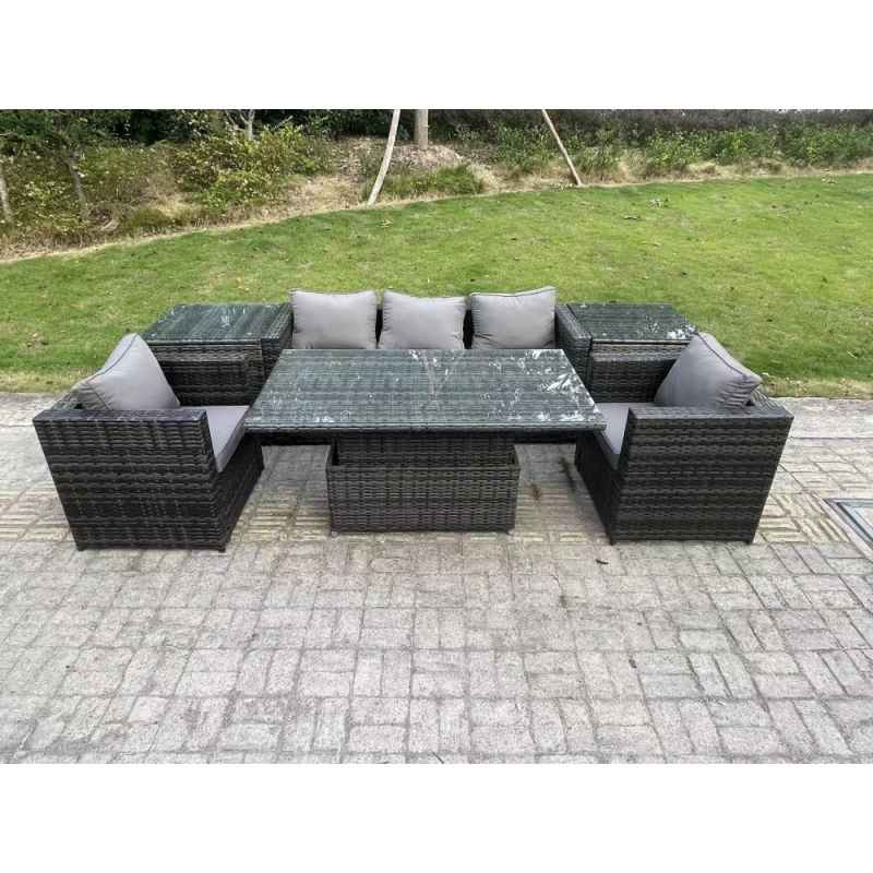 Fimous Rattan Garden Furniture Sofa Set Outdoor Adjustable Rising Lifting Dining Table Set with 2 Armchairs 2 Side Tables Dark Grey Mixed