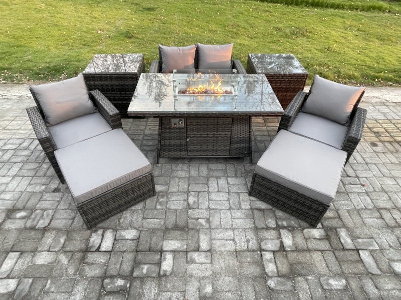 Fimous Outdoor Garden Dining Sets 6 Seater Rattan Patio Furniture Sofa Set with Gas Firepit Table 2 Big Footstool 2 Side Tables Dark Grey Mixed