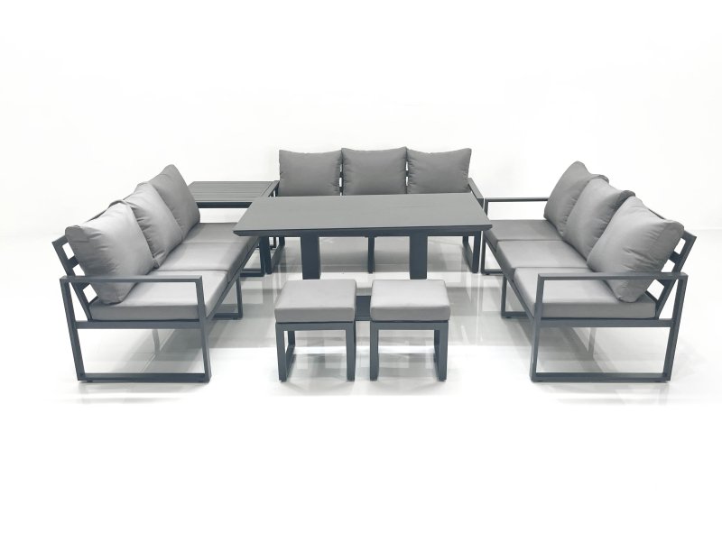Fimous 11 Seater Garden Sofa Set Aluminium Furniture Rising Dining Tabe Set with Side Table 2 Small Footstools Dark Grey