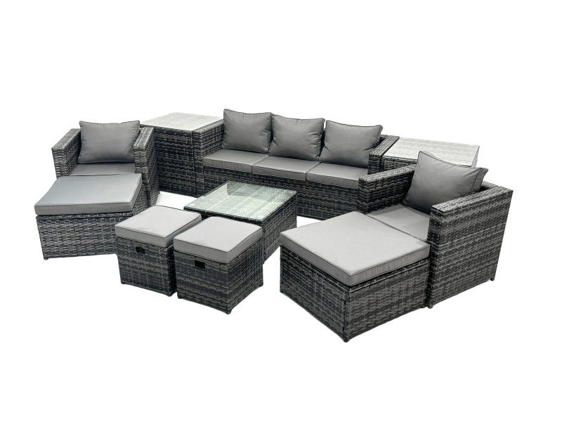Fimous Outdoor Rattan Garden Furniture Set 9 Seater Patio Lounge Sofa Set with Armchair Square Coffee Table 2 Side Tables 4 Footstool Dark Grey Mixed
