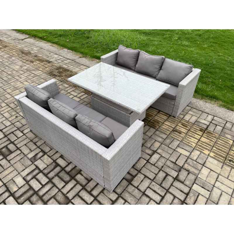 Fimous Rattan Outdoor Garden Funiture Set Height Adjustable Rising Lifting Table Sofa Dining Set with Light Grey