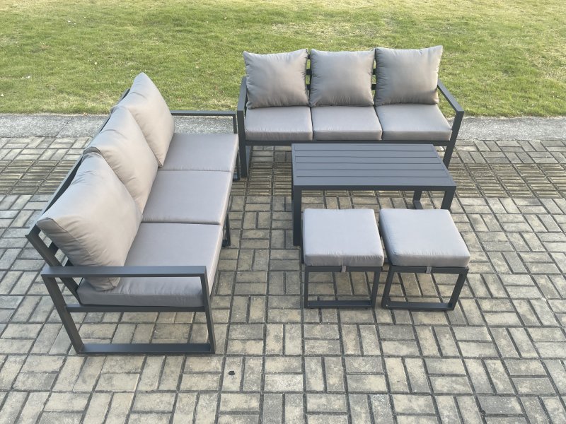 Fimous Aluminium Patio Outdoor Garden Furniture Lounge Sofa Set with Oblong Coffee Table 2 Small Footstools Dark Grey