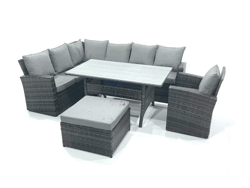 Fimous 8 Seater Garden Rattan Furniture Corner Dining Set with Big Footstool Indoor Outdoor Lounge Sofa Set Dark Grey Mixed