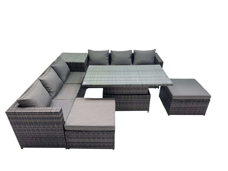 Fimous 8 Seater Outdoor Corner Sofa Height Adjustable Rising Lifting Table Set Garden Rattan Furniture Set with 2 Big Stools Side Table Dark Grey