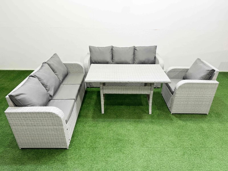 Fimous 7 Seater Poly Rattan Outdoor Garden Furniture Rectangular Dining Table Sofa Set Patio 3 Seater Sofa Reclining Chair 3 Seater Sofa Light Grey