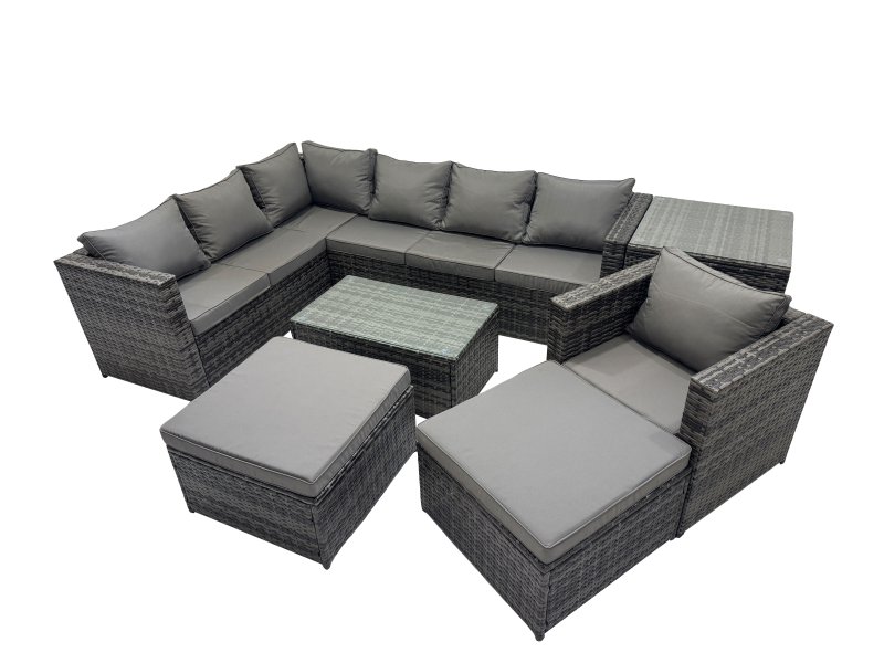 Fimous Outdoor Rattan Rectangular Coffee Table Corner Sofa Sets Garden Furniture Set with 2 Big Stools Side Table Dark Grey Mixed