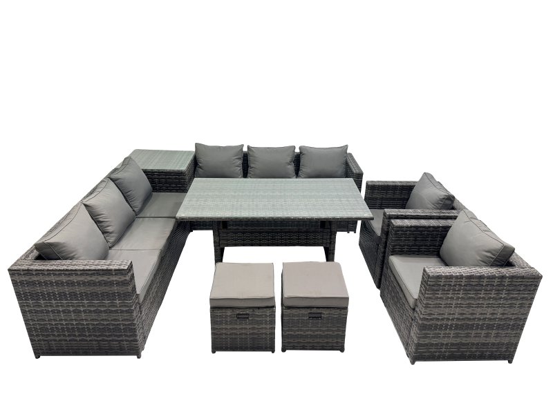 Fimous Outdoor Corner Sofa Chair Dining Table Set Garden Rattan Furniture Set 10 Seater with Side Table 2 Small Stool Dark Grey