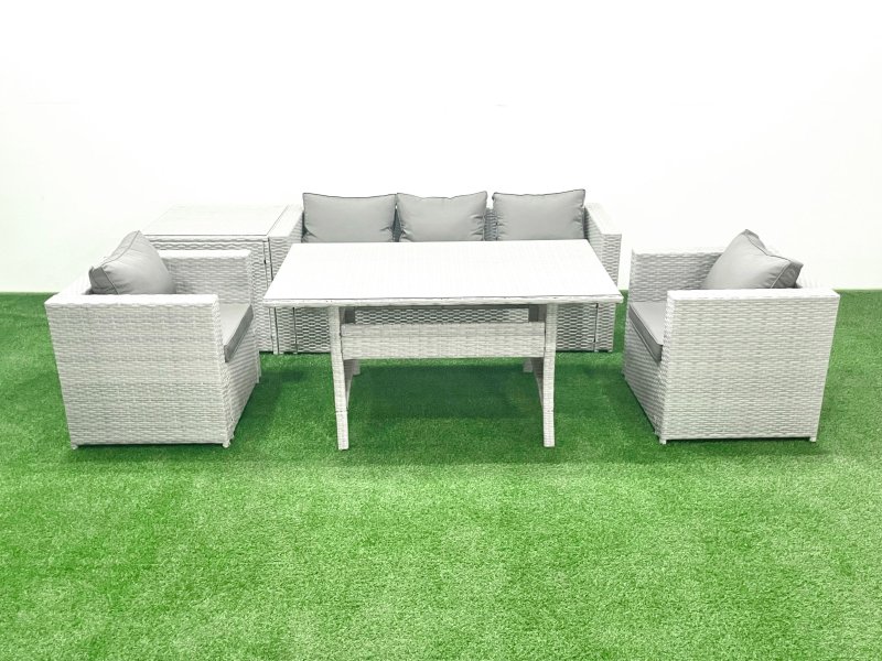 Fimous Garden Dining Set Outdoor Rattan Furniture Set with Sofa Dining Table 2 Chairs Side Table Light Grey Mixed