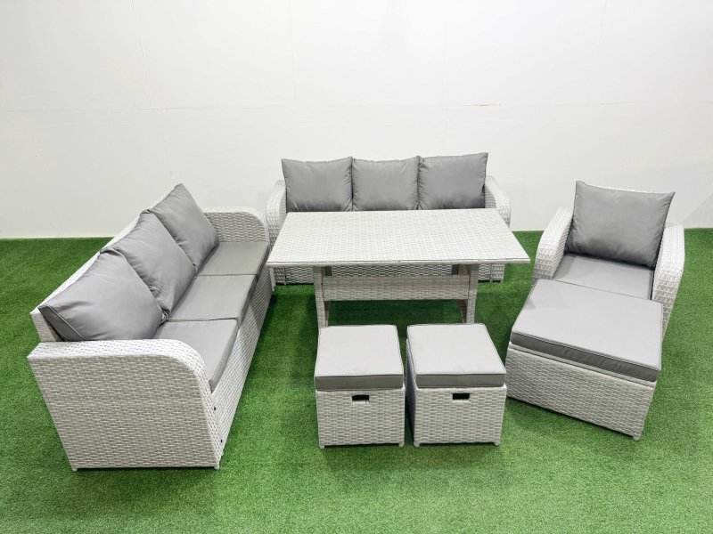 Fimous 10 Seater Poly Rattan Outdoor Garden Furniture Rectangular Dining Table Sofa Set Patio 3 Seater Sofa Reclining Chair 3 Seater Sofa 3 Stools Light Grey