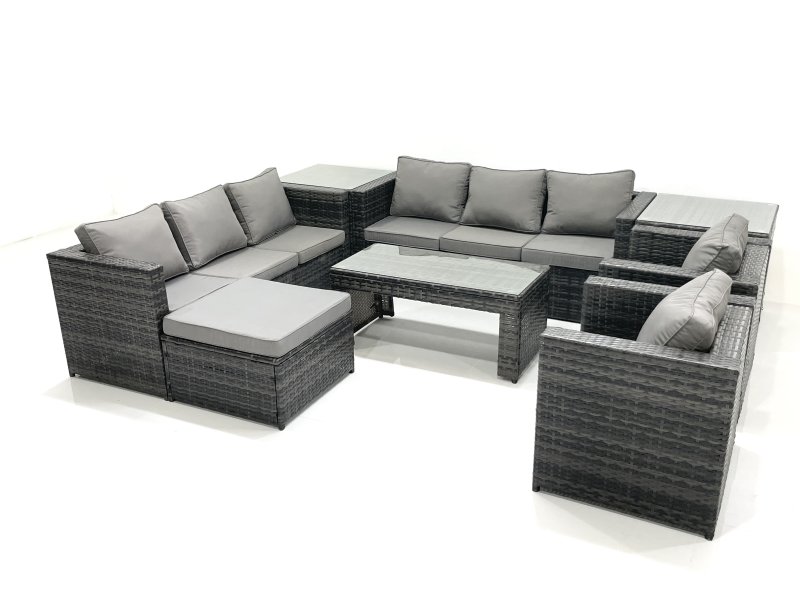 Fimous Rattan Garden Furniture Sofa Set with Coffee table Armchair 2 Side Tables Big Footstool Dark Grey Mixed