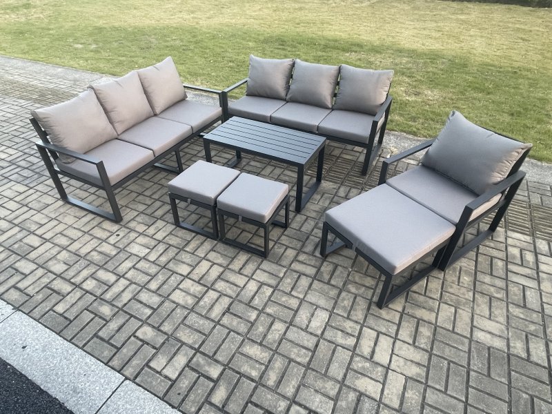 Fimous Aluminium 7 Pieces Garden Furniture Set with Cushions 10 Seater Outdoor Patio Lounge Sofa Set with Armchair 3 Footstools Dark Grey