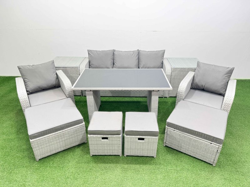 Fimous 9 Seater Patio Garden Furniture Sets with Black Glass Top Dining Table Love Sofa 2 Side Tables 4 Stools Light Grey