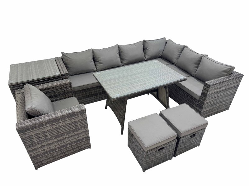 Fimous Rattan garden furniture Patio Furniture Sets with Dining Table Side Table 2 Small Stools Dark Grey Mixed