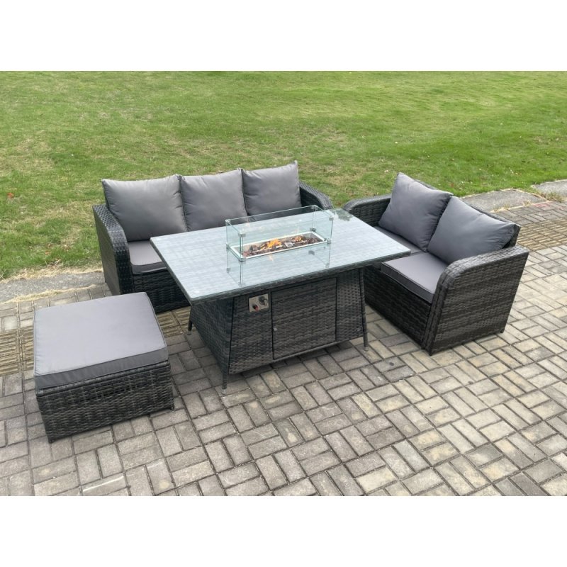 Fimous PE Wicker Outdoor Rattan Garden Furniture Set Propane Gas Fire Pit Table and Sofa set with Big Footstool