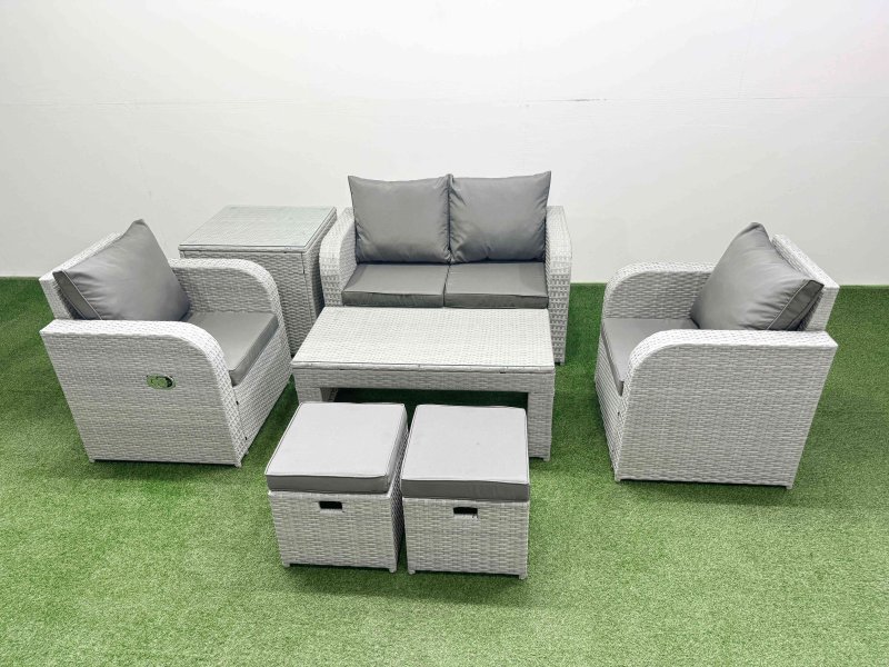 Fimous Light Grey PE Wicker Rattan Garden Furniture Set Sofa Set Reclining Adjustable Chair Oblong Coffee Table 6 Seater 2 Small Stools Side Table