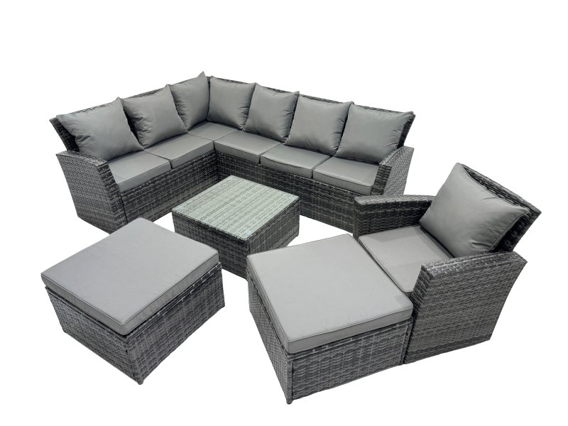 Fimous 9 Seat Poly Rattan Outdoor Patio Coffee Table Corner Sofa Set with 2 Big Stool Chair for Garden Backyard Dark Grey Mixed