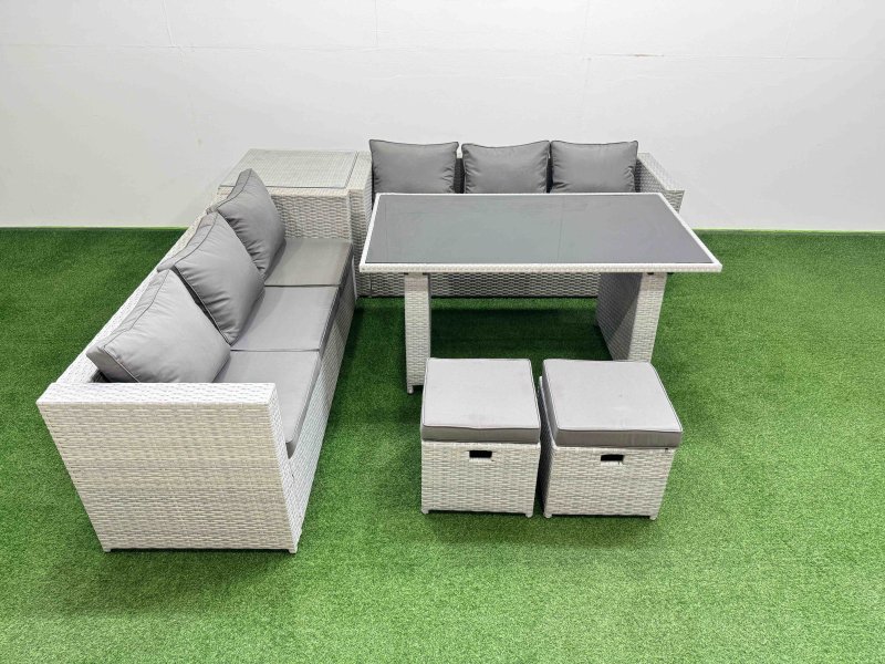 Fimous Rattan Garden Furniture Dining Set 8-seater Patio Rectangular Table Sofa Set with Side Table 2 Small Stools Light Grey