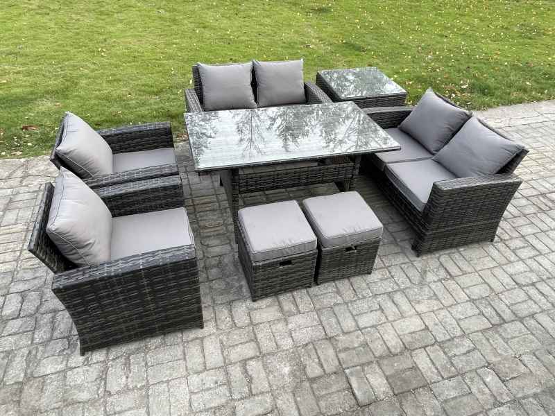 Fimous Rattan Garden Furniture Set 8 Seater Patio Outdoor Lounge Sofa Set with Oblong Dining Table Double Seat Sofa Side Table 2 Small Footstools Dark Grey Mixed