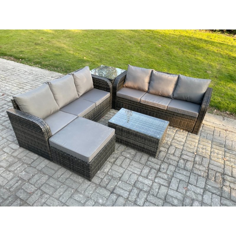 Fimous Outdoor Garden Furniture Sets 7 Seater Wicker Rattan Furniture Sofa Sets with Rectangular Coffee Table 3 Seater Sofa Side Table