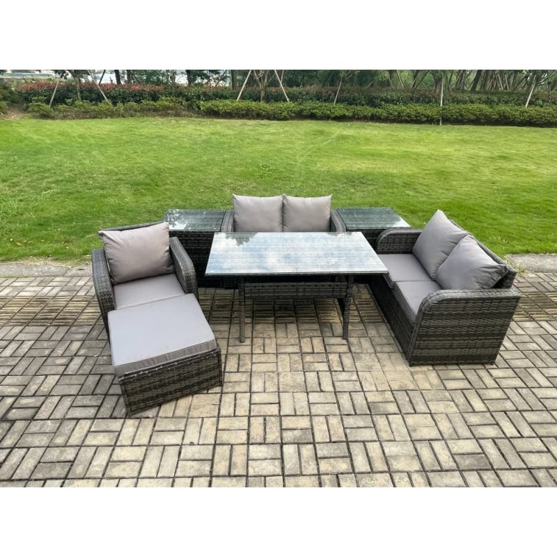 Fimous Lounge Rattan Sofa Set Outdoor Garden Furniture Oblong Rectangular Dining Table With Chairs 2 Side Tables Big Footstool Dark Grey Mixed