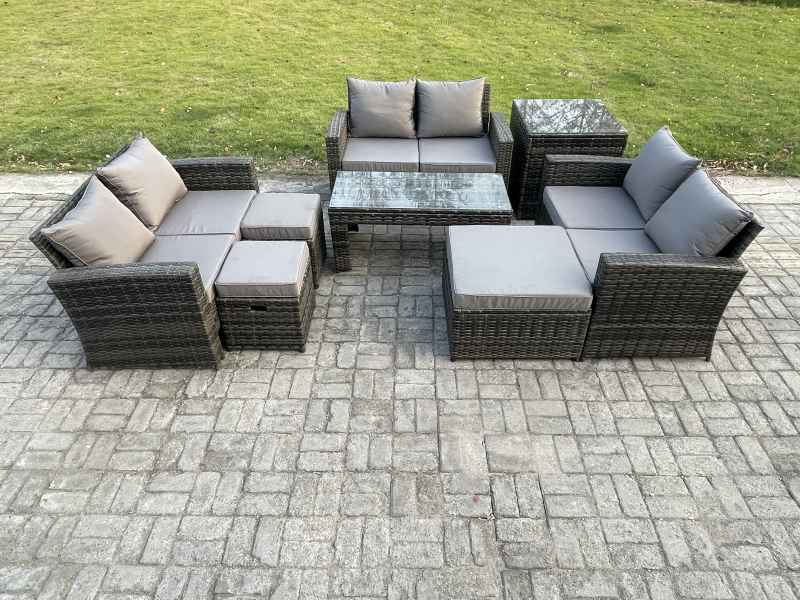 Fimous Outdoor U Shape Sofa Set Wicker PE Rattan Garden Furniture Set with Coffee Table Double Seat Sofa 3 Footstools Side Table Dark Grey Mixed