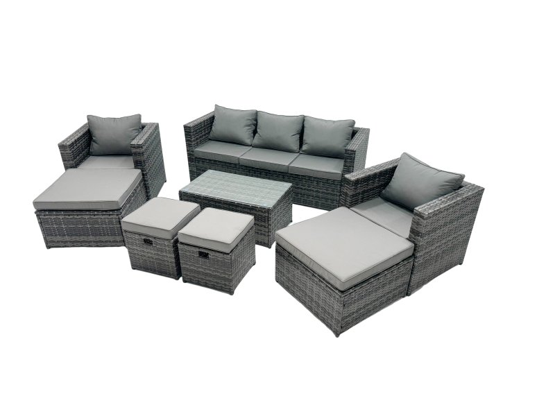 Fimous Outdoor Coffee Table Sofa Armchair Set with 2 Big Stools 2 Small Footstools Garden Furniture Set Dark Grey Mixed